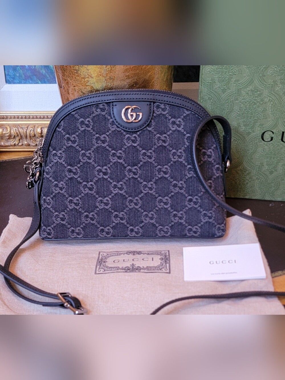 New Gucci Ophidia GG Monogram Black Denim Dome Shoulder Bag Crossbody Silver HW
